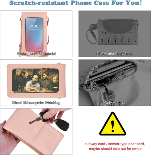 Pink Touchscreen Phone Purse Crossbody for Women,Cellphone Crossbody with Shoulder Strap,Waterproof Crossbody Phone Wallet Case with Transparent W...