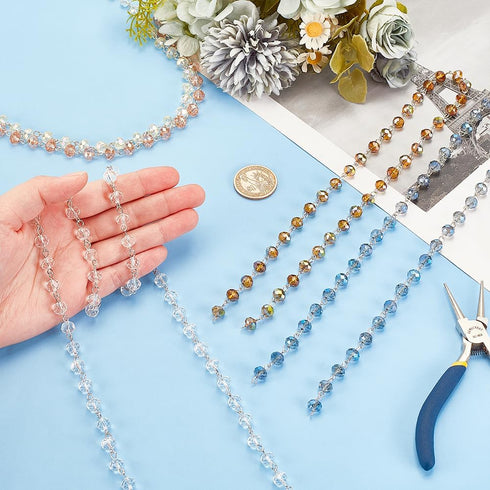 PH PandaHall 5 Strands 3.3 Feet Electroplate Glass Beads Faceted Crystal Glass Beads Chain with Platinum Eye Pin for Necklaces Bracelets Jewelry M...