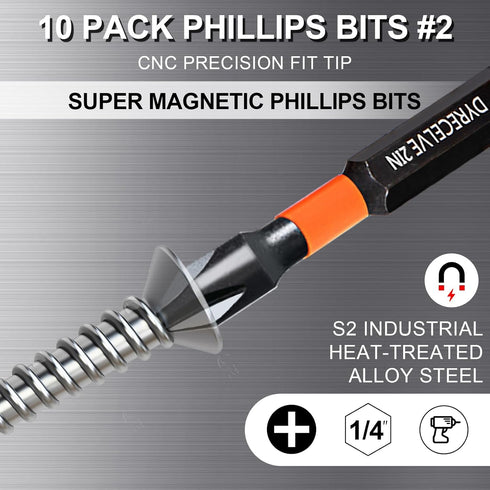 10-Pack Phillips Bits #2 Impact Magnetic 2 Phillips Bits- PH2 Bits Premium S2 Alloy Steel Phillips Head Drill Bits- Phillips Screwdriver Bits (2-I...