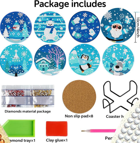 DOTSOPS 8 Pcs Christmas snowman Diamond Painting Coasters Kits with Holder - DIY Diamond Art Coaster - Non Slip Coaster for Adults Diamond Paintin...