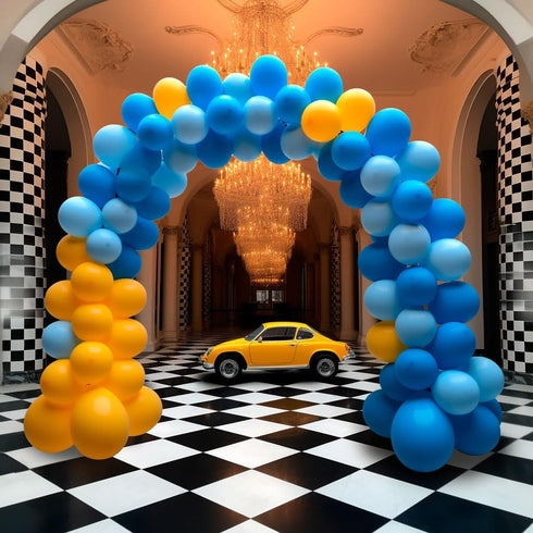 155Pcs Race Car Balloon Garland Arch Kit, Dusty Blue and Yellow Latex Balloon Checkered Foil Balloons for Race Car Truck Two Fast Hot Wheels Birth...