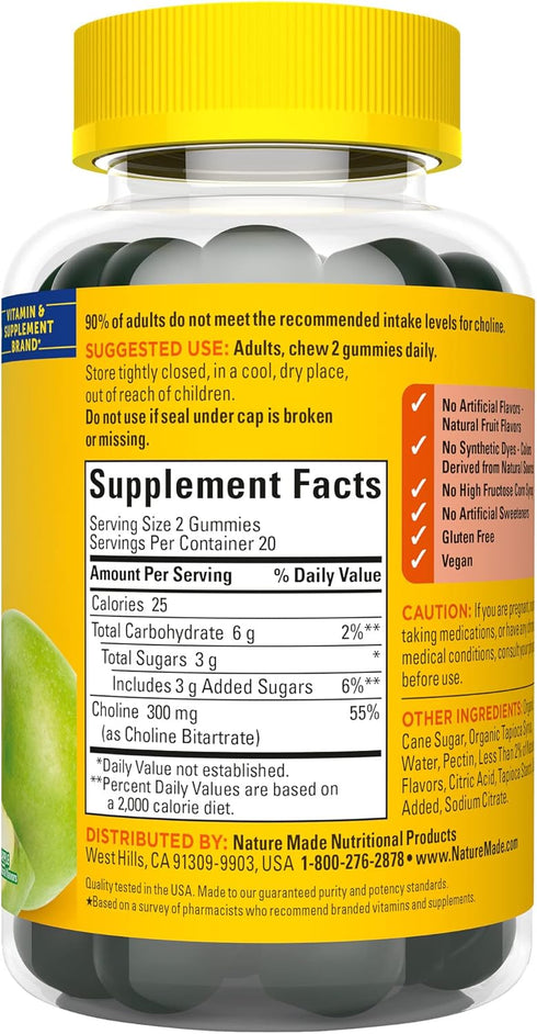 Nature Made Choline Supplements, Supports Liver Health, Nervous System Function and Brain Health, 40 Vegan Gummies, 20 Day Supply...