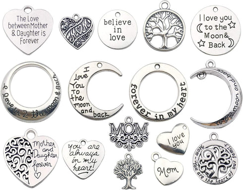 Family Mom Words Charm Collection-32 PCS Craft Supplies Heart Moon Love Words Mother's Day Charms Pendants for Jewelry Making Crafting Findings Ac...