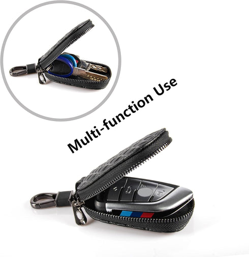 Amiss Universal Remote Key Fob Cover, Car Key Case/Protector, Genuine Leather Car Smart Keychain Holder Metal Hook and Keyring Zipper Bag - Black ...