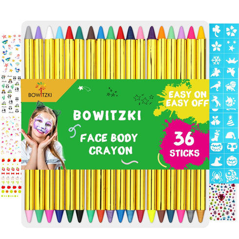 Bowitzki Face Paint Crayons for Kids 36 Jumbo Body Painting Marker Sticks Makeup Crayon Kit For Party Christmas Halloween with Face Painting Stenc...
