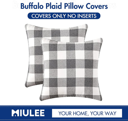 MIULEE Pack of 2 Classic Farmhouse Buffalo Check Plaids Polyester Linen Soft Soild Square Throw Pillow Covers Grey and White Home Decor Outdoor Cu...