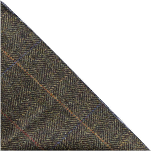 King & Priory Luxury Dark Olive Green Herringbone Check Pocket Square, Handkerchief, Tweed...