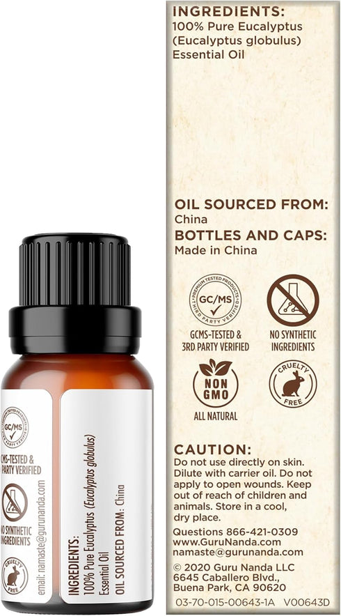 GuruNanda Eucalyptus Essential Oil -100% Pure, Natural and Undiluted Aromatherapy Oil for Diffusers - Aids in Congestion Relief - Perfect for Mass...