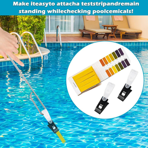 2PCS Skimmer Basket Hook, Swimming Pool Skimmer Basket Handle, Long Stainless Steel Skimmer Lid Lifting Hook with Pool Test Strip Clip Inground Po...