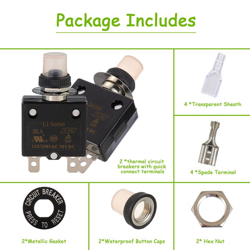 30A Manual Reset Push Button Circuit Breaker 125/250V AC 50V DC Thermal Overload Protector with Quick Connect Terminals and Waterproof Button Caps...