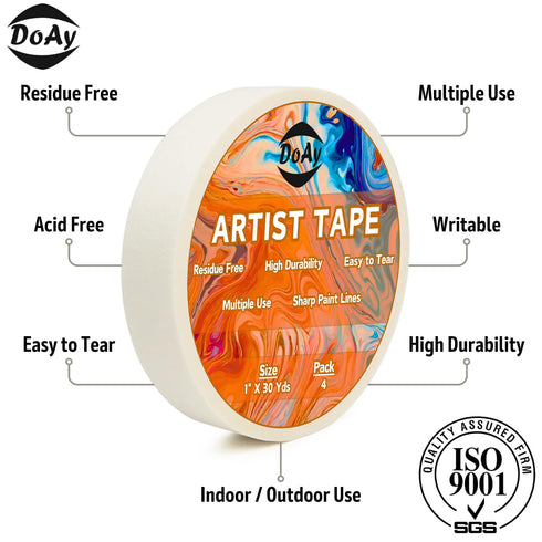4 Pack White Artist Tape - Art Masking Tape for Watercolor Paper, Canvas Acrylic Painting, Curves, Framing, Paint, Gouache, Console - Acid Free Dr...