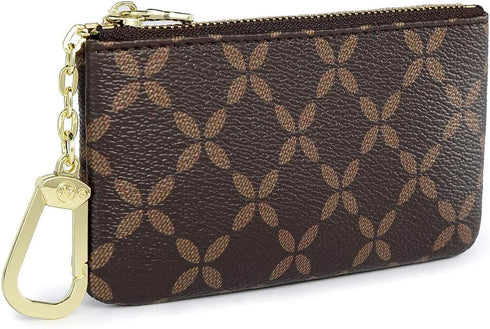 Luxury Zip Key Chain Pouch | Mini Coin Purse Wallet Card Holder with Clasp | for Men Women - Coated Canvas (Brown)...