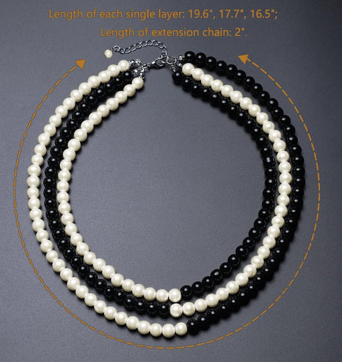 BABEYOND Round Imitation Pearl Necklace Vintage Multi Strands Necklace 20s Flapper Necklace for Party (Black and White)...