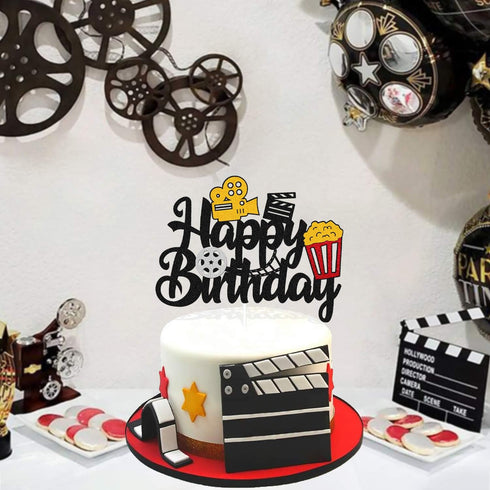 Film Cake Topper Movie Cinema Birthday Cake Decoration Happy Birthday Sign Cake Decor for Film Projector Movie Night Camera Popcorn Theater Theme ...