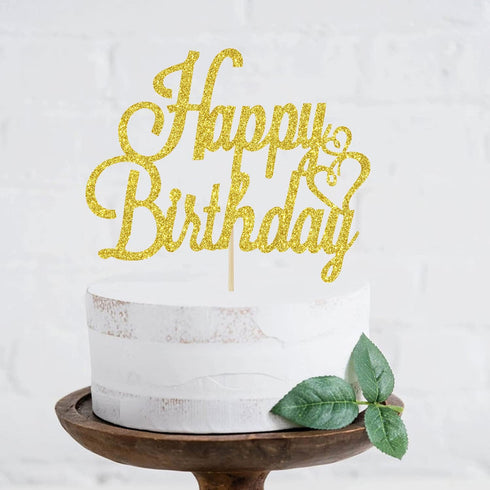 Happy Birthday Cake Topper Gold Glitter Happy Birthday Cake Pick for Celebrating Birth day Anniversary Party Decorations Supplies for Women Men Bo...