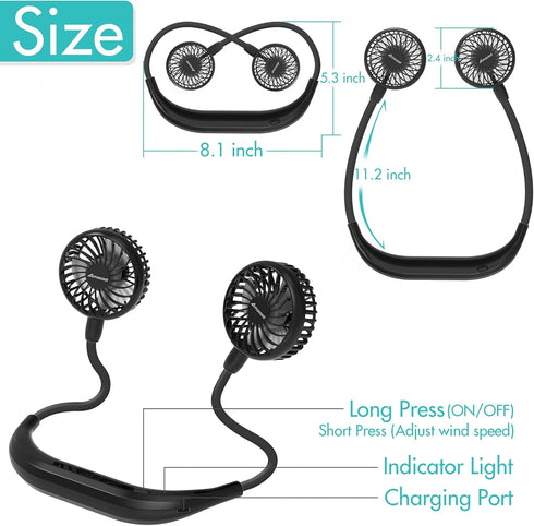 AMACOOL Neck Fan Battery Operated Neckband Fan Hand-Free Wearable Personal Fan for Hot Flashes Home Office Travel Outdoor Sports (Black)...
