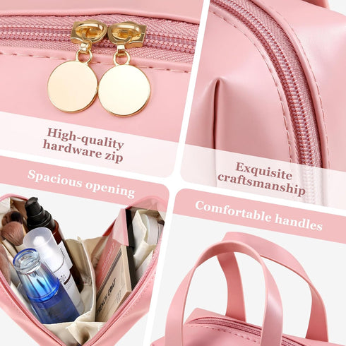 Makeup Bag, Waterproof Portable PU Leather Travel Toiletry Bag, Beauty Cosmetic Travel Bag for Women, Wide-open Handbag with Dividers, Makeup Bag ...