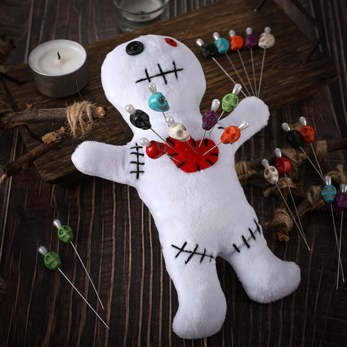 Kathfly 8 Pcs Voodoo Doll Set Include Horror Doll, 7 Pcs Skull Pins Ghost Doll Soft Revenge Dammit Creepy Dolls Pin Holder Voodoo Toys Resin Metal...