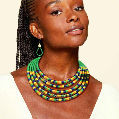 African Necklace Earrings Set Multilayer Woven Rope Choker Layered Strand Collar Statement Jewelry Accessories for Women and Girls...