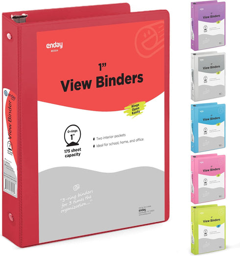 1 Inch 3 Ring Binder 1” Binder Red Clear View Cover with 2 Inside Pockets, Colored School Supplies Office and Home Binders – by Enday...