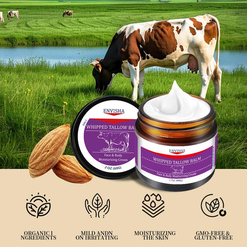 ENVISHA Handmade Whipped Tallow Cream - for Face and Body, Nourishing and Hydrating Skin, 100% Organic Grass-Fed Tallow, All Natural Daily Skin Ca...