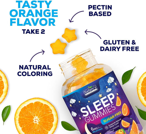Sugar Free Sleep Gummies for Adults - Extra Strength 6mg Melatonin Gummy, Natural Sleeping Gummy for Adults, Kids, Orange Flavored, Vegan, Non-GMO...