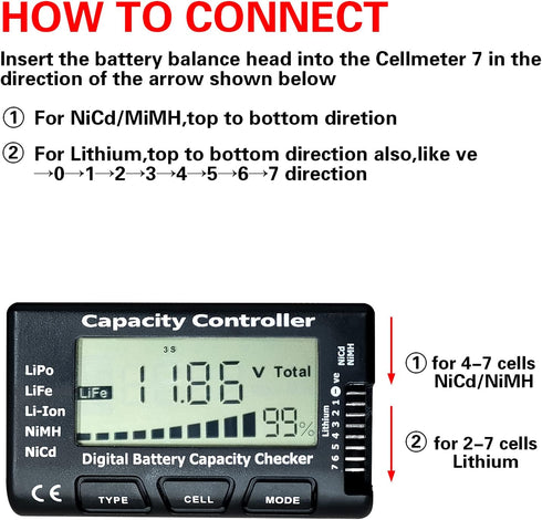 Battery Tester Digital Battery Capacity Checker Controller Tester Voltage Tester RC Cellmeter for LiPo/Life/Li-ion/NiCd/NiMH Battery Packs...