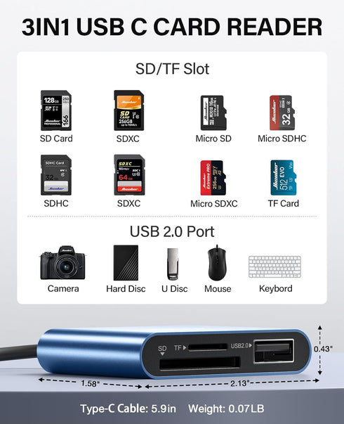 Hicober USB C to SD Card Reader, Micro SD Memory Card Reader, Type C to SD Card Reader Adapter 2TB Capacity for MacBook Camera Android Windows Lin...