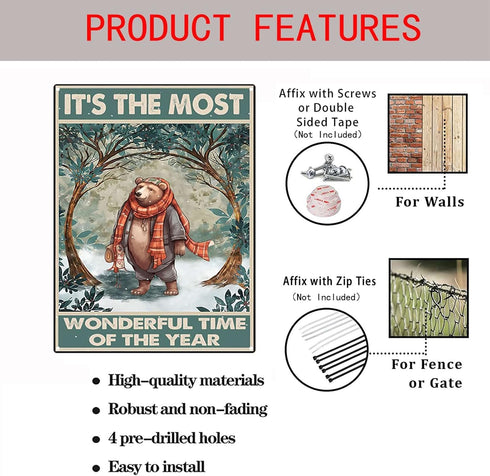 YLUYINOM Retro Tin Sign Brown Bear It's The Most Wonderful Time of The Year Metal Tin Sign Farmhouse Yard Garden Coffee Bar Decor 6X8 inch-Tin Pai...