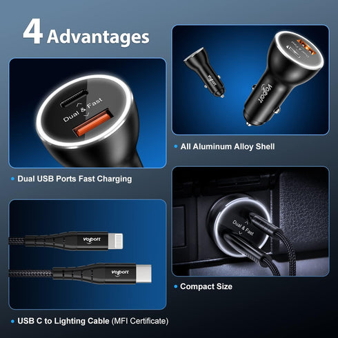 PD Fast Charging Car Charger with MFi Certified USB C Lightning Cable Carplay Cord 3.3ft, VOLPORT Auto Quick Adapter 39W Car Charger Power Deliver...