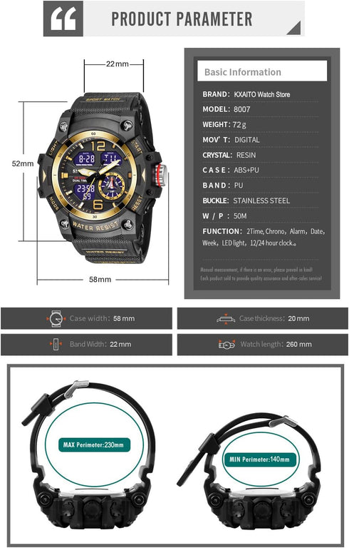 KXAITO Men's Analog Sports Watch Military Watch Outdoor LED Stopwatch Digital Electronic Large Dual Display Waterproof Tactical Army Wrist Watches...