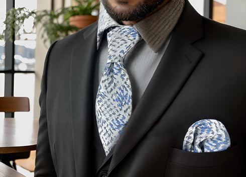 S&W SHLAX&WING New Mens Ties Silver Sky Blue Classic Size Necktie Set with Pocket Square...