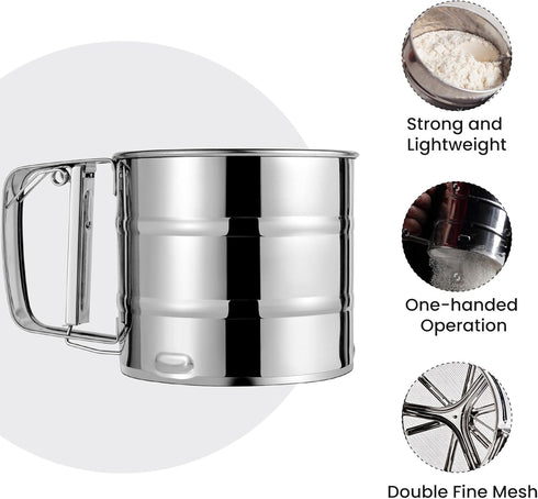 Flour Sifter, Stainless Steel Sifter for Baking, Double Layer Fine Mesh Baking Sifter, One Hand Press Crank Sifter for Powdered Sugar Shaker Duste...