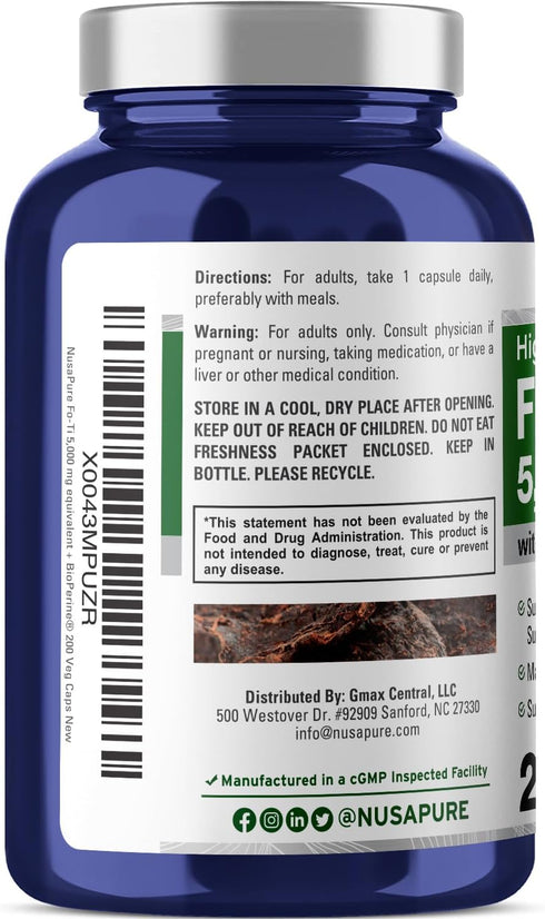 NusaPure Fo-Ti 5000mg per Veggie Caps, 200 Count, He-Shou-Wu Root, Traditional Herb, Non-GMO, Vegan, Bioperine...