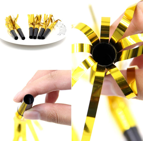 24 Pieces Glitter Metallic Fringed Noise Maker Musical Blowouts, Squawker Whistles Party Noisemakers for Birthday, New Year, Party Favor Decoratio...