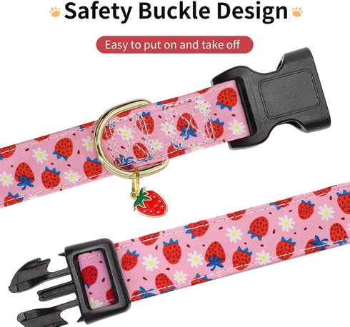 Dog Collar,Personalized Adjustable Cute Puppy Collars for Girl Female Boy Dogs Strawberry Patterned Design,Soft Pet Collar with Safe Buckle for Sm...