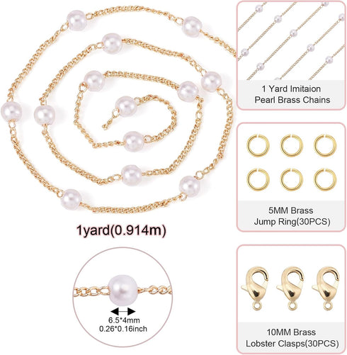 Pandahall 3 Feet Pearl Bead Necklace Chains for Jewelry Making & Golden Lobster Claw Clasps Open Jump Ring for Men Women DIY Necklace Bracelet...