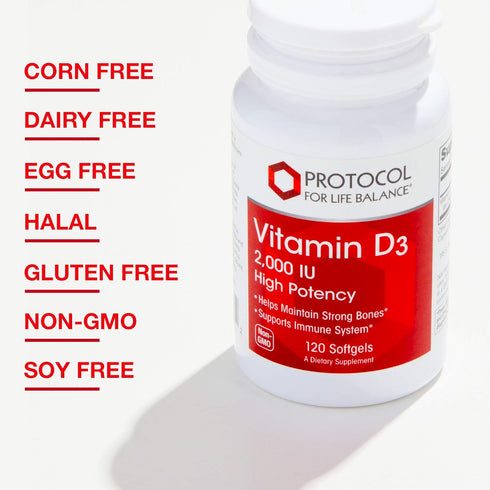 Protocol Vitamin D3 2,000 IU - Bone & Teeth Support* - Dietary Supplement for Immunity & Bone Mineralization* - Non-GMO, Halal, Keto-Friendly - 12...