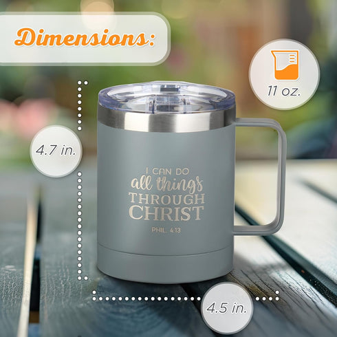 Christian Art Gifts Stainless Steel Double Wall Vacuum Insulated Camp Style Travel Mug 11 oz Gray Coffee Mug with Lid and Handle for Men and Women...