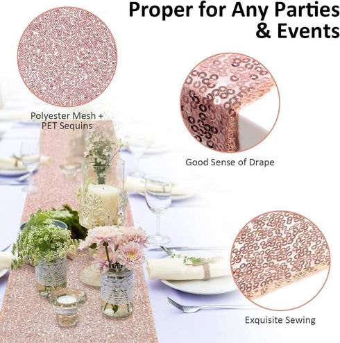 FGSAEOR Rose Gold Tablecloth, 12x108inch Sequins Table Runners and 54x108inch Plastic Table Cloths for Christmas Party Decorations, Sparkling Part...