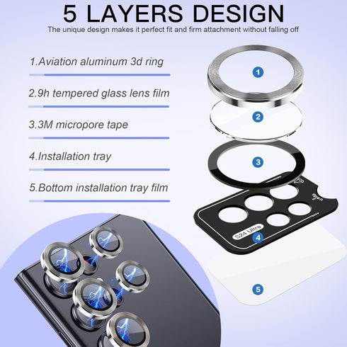 for Samsung Galaxy S24 Ultra Camera Lens Protector, Tempered Glass Lens Protector Aluminum Alloy Ring Anti Scratch Decorative Camera Cover Fit for...