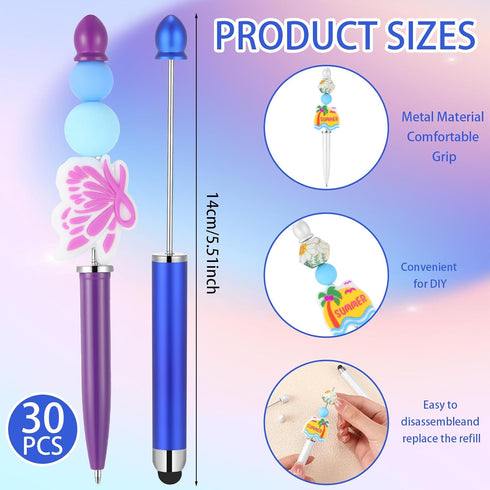 Qilery 30 Pcs Beaded Pens with Stylus Tips Plastic Beaded DIY Stylus 2-in-1, Multifunctional Stylus for Rubber Touch Screen Handwriting Ballpoint ...