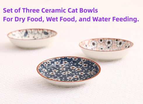 Cat Food Bowls, Whisker Fatigue Cat Bowl, 5.5 Inches Ceramic Kitten Bowl Set of 3, Small Cat Dishes for Indoor Cats, Shallow Cat Plates for Wet Fo...