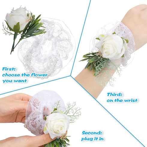 Waydress 12 Pieces Corsage Wristlet Band Elastic Pearl Wristlets DIY Stretch Pearl Wedding Wristband Handmade Corsage Accessories for Wedding Part...