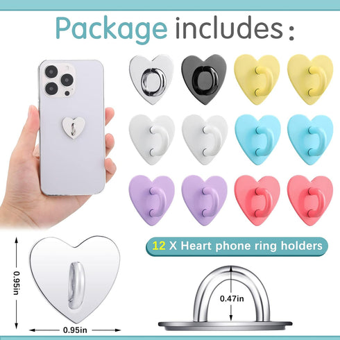 12 Pcs Cell Phone Finger Ring Adhesive Metal Phone Finger Grip Heart Shaped Cell Phone Ring Holder Phone Accessories Charm Loop Stand Phone Charm ...