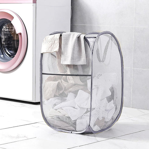 Larpur 2 Pcs Popup Mesh Laundry Baskets, Collapsible and Portable Clothes Washing Laundry Hampers with Reinforced Carry Handles, Gray Clothes Hamp...