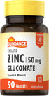 Zinc Gluconate 50mg | 90 Tablets | Chelated Essential Mineral | Vegetarian, Non-GMO, and Gluten Free Supplement | by Sundance...