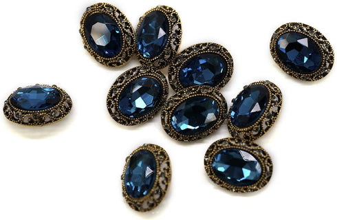 10 pcs Whole Oval Cut Blue Rhinestone Vintage Copper Hollow Metal Shank Sewing Coat Buttons -25mm -1"...