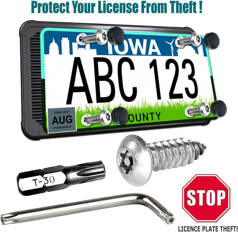 PRUST Anti Theft License Plate Frame- Black Silicone Car Plate Holder and Stainless Steel Tamper-Proof Screws kit, with License Plate Mounting Har...