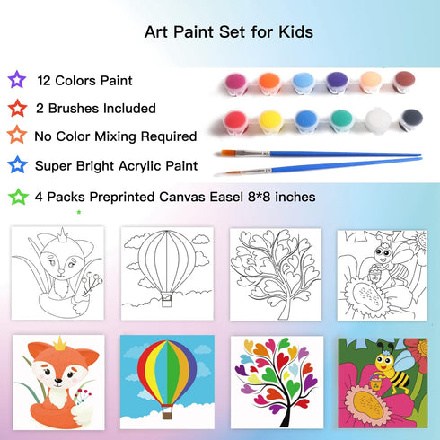 Aosemili Acrylic Paint Set for Kids - 4 Pre-Stenciled Painting Canvas Panels 8 x 8 inches with 12 Paints 2 Brushes for Girls Boys and Beginners...